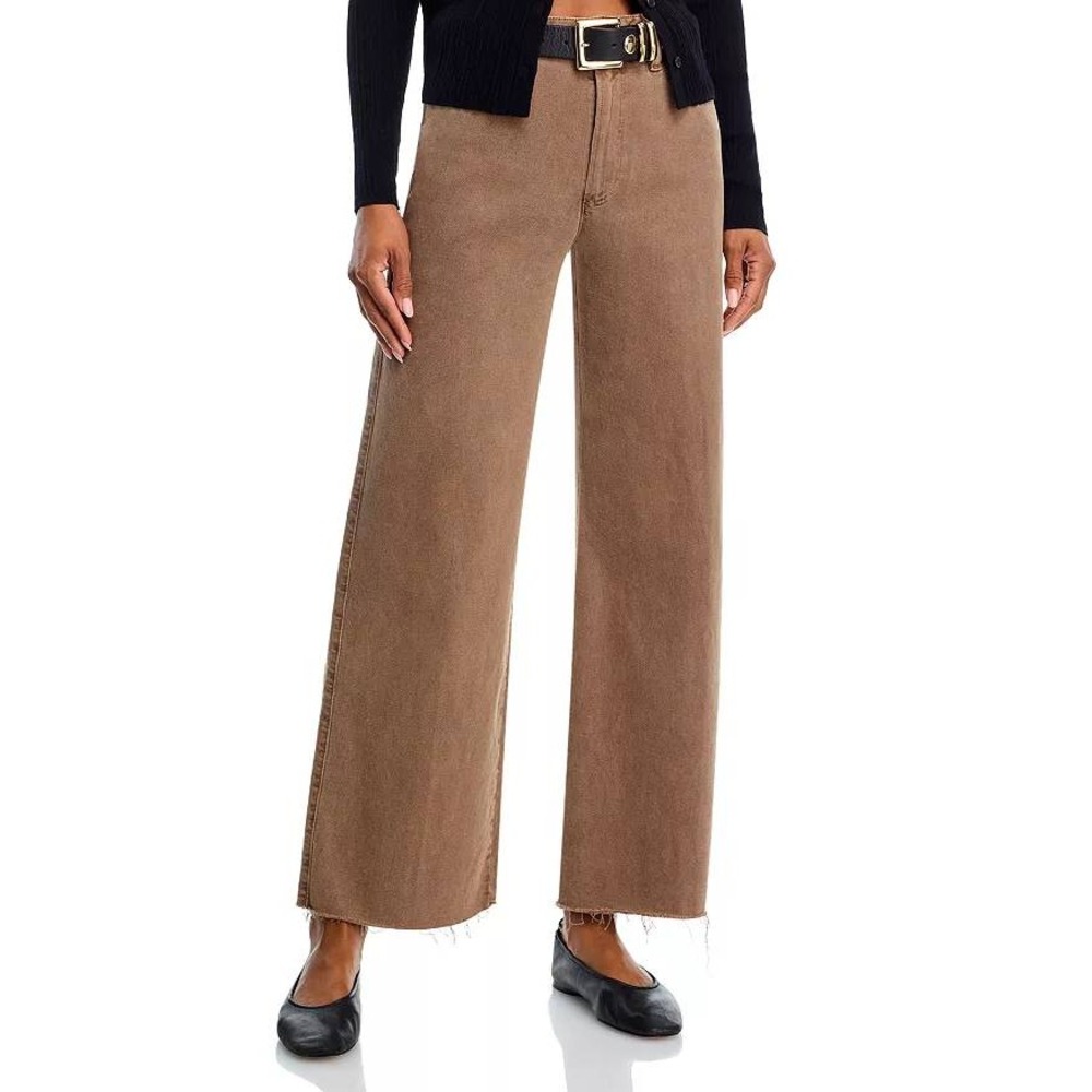 Paige Anessa High Rise Wide Leg Raw Hem Jeans Tan Khaki 25